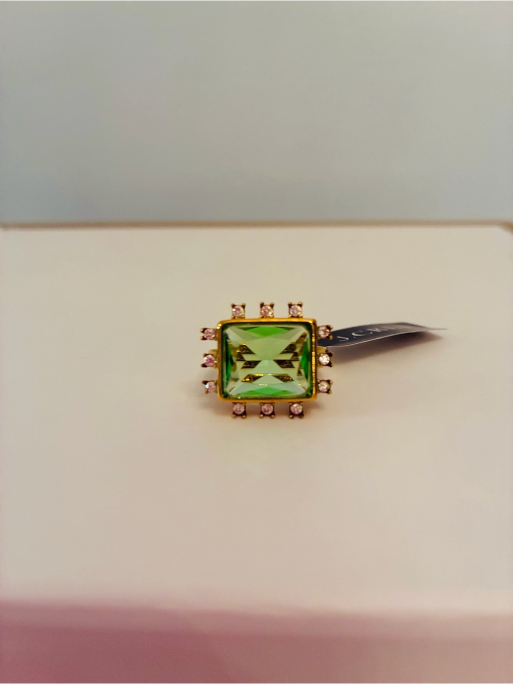 J. Crew Gold Ring with Lime Green Square Gem and Clear Accents Size 6
